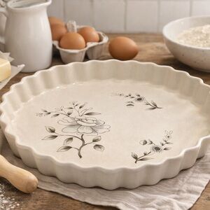 Southhampton Stoneware Round Quiche Baking Dish Scalloped Rim Floral Japan 10"